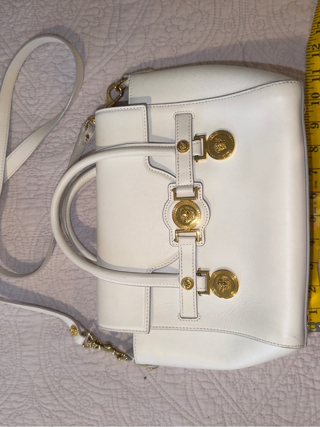 Versace White Leather Satchel With Gold Medallion Hardware